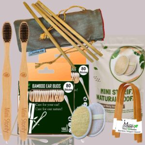 2 Bamboo Cotton ear buds/swabs|80 Stems|2 Adult bamboo tooth brush|2 bamboo tongue cleaner|2 Oval Loofah Sponge Body scrubber|4 Straw8 inch)