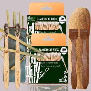 2 Bamboo Cotton Ear Buds 80 Stems/160 Swabs|2 Kids Bamboo toothbrush|2 Pure Neem Tongue Cleaner|2 Loufah/loofah Pad|6 Bamboo Straw8″)