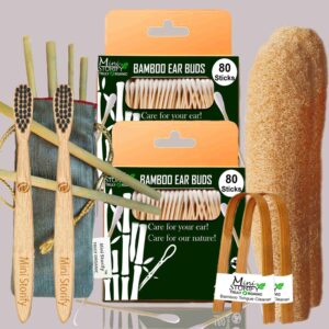2 Bamboo Cotton Ear Buds 80 Stems/160 Swabs|2 Kids Bamboo toothbrush|2 Bamboo Tongue Cleaner|2 LoufahSponge Body Scrubber|6 Bamboo Straw8″)