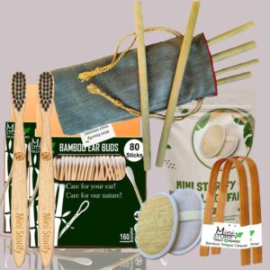 2 Bamboo Cotton Ear Buds 80 Stems/160 Swabs|2 Kids Bamboo toothbrush|2 Bamboo Tongue Cleaner|2 Oval LoofahBody Scrubber|6 Bamboo Straw8″)