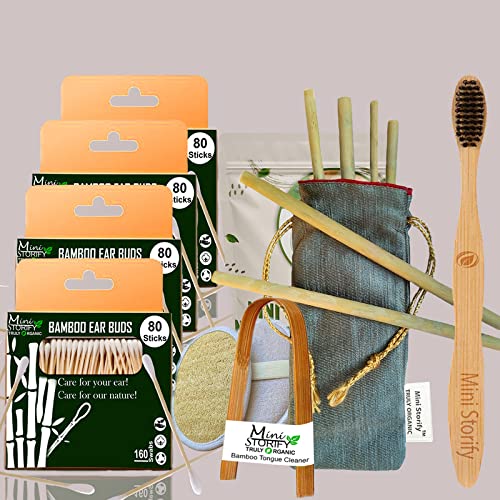 4 Bamboo Cotton ear buds/swabs|80 Stems|2 Adult bamboo tooth brushSoft Bristles,|2 bamboo tongue cleaner|2 Oval Loofah Pad|6 Straw8")