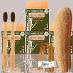 4 Bamboo Cotton ear bud/swab|80 wood stem/160 Swab|2 Adult bamboo toothbrush|2 bamboo tongue cleaner|2 Loufah/loofah Pads, (PACK OF 10)