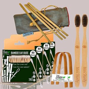 4 Bamboo Cotton Ear Buds/swabs|80 Stems|2 Adult Bamboo Tooth BrushCharcoal Soft Bristles,Oral Cleaning|2 Bamboo Tongue Cleaner|4 Straw8″)
