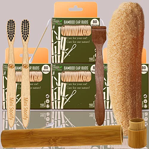 4 Bamboo Cotton Ear Buds 80 Stems/160 Swabs|2 Kids bamboo toothbrush|1 bamboo travel case|1 Pure Neem Tongue Cleaner|2 Loufah/loofah Pad