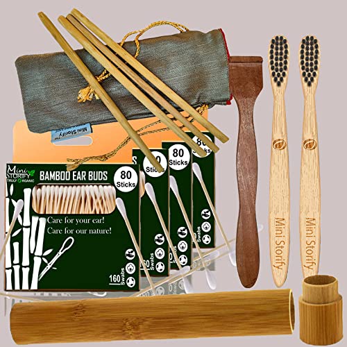 4 Bamboo Cotton Ear Buds 80 Stems|2 Kids bamboo tooth brush|1 bamboo travel case|1 Pure Neem Tongue Cleaner|4 Straw8")