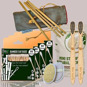 4 Bamboo Cotton ear buds/swabs|80 Stems|2 Kids bamboo tooth brush |2 Oval Loofah Sponge Body scrubber|4 Bamboo Straw (8 inch) (PACK12)