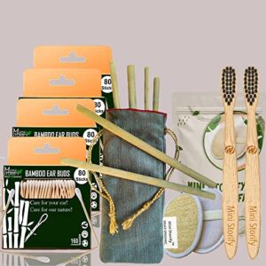 4 Bamboo Cotton ear buds/swabs|80 Stems|2 Kids bamboo tooth brushCharcoal Soft Bristles,Natural,Oral cleaning 2 Oval Loofah Pad|6 Straw8″)