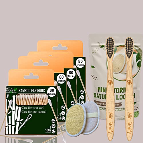 4 Bamboo Cotton ear bud/swab|80 wood stem/160 Swab|2 Kids bamboo toothbrush Charcoal Soft Bristles, |2 Oval Loofah (PACK8)