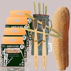 4 Bamboo Cotton ear buds/swabs|80 Stems|2 Kids bamboo tooth brushCharcoal Soft Bristles,Natural,Oral cleaning|2 Loofah Pad|6 Straw8″)