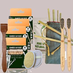 4 Bamboo Cotton ear buds/swabs|80 Stems|2 Kids bamboo tooth brushOral cleaning|2 Neem Tongue Scraper|2 Oval Loofah Pad|6 Bamboo Straw8″)