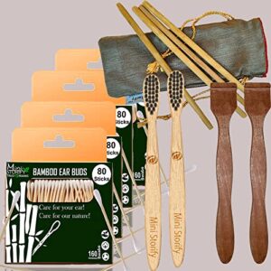4 Bamboo Cotton Ear Buds/swabs|80 Stems|2 Kids Bamboo Tooth BrushOral Cleaning|2 Neem Tongue Scraper for Adults & Kids|4 Bamboo Straw8″)