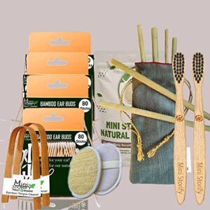 4 Bamboo Cotton ear buds/swabs|80 Stems|2 Kids bamboo tooth brushSoft Bristles,|2 bamboo tongue cleaner2 Oval Loofah Pad|6 Straw8″)