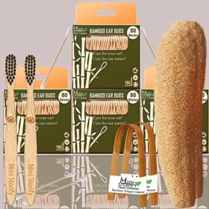 4 Bamboo Cotton ear bud/swab|80 wood stem/160 Swab|2 Kids bamboo toothbrush|2 bamboo tongue cleaner|2 Loufah/loofah Pads, (PACK OF 10)