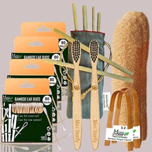 4 Bamboo Cotton ear buds/swabs|80 Stems|2 Kids bamboo tooth brushSoft Bristles,|2 bamboo tongue cleaner|2 Loofah Pad|6 Straw8″)