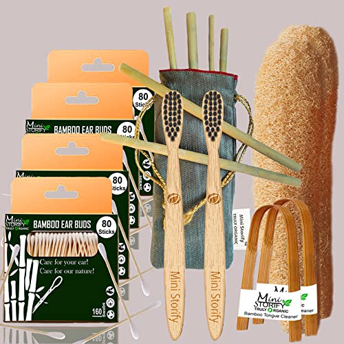 4 Bamboo Cotton ear buds/swabs|80 Stems|2 Kids bamboo tooth brushSoft Bristles,|2 bamboo tongue cleaner|2 Loofah Pad|6 Straw8")