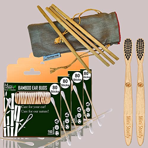 4 Bamboo Cotton Ear Buds/swabs|80 Stems/160 Swabs|2 Kids Bamboo Tooth BrushCharcoal Soft Bristles,Natural,Oral Cleaning|4 Bamboo Straw8")