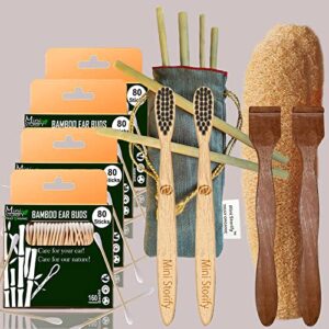 4 Bamboo Cotton ear buds/swabs|80 Stems|2 Kids bamboo tooth brushOral cleaning|2 Neem Tongue Scraper2 |6 Loofah Pad Bamboo Straw8″)