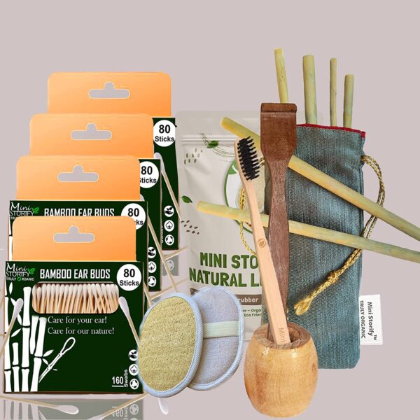 4 Bamboo Cotton Ear Buds 80 Stems|1 Kids bamboo tooth brush|1 Bamboo brush Stand|1 Pure Neem Tongue Cleaner2 Oval Loofh Pad|6 Straw8")
