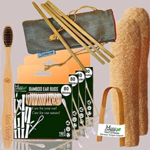 4 Bamboo Cotton Ear Buds 80 Stems/160 Swabs|1 Adult bamboo toothbrush|1 bamboo tongue cleaner|2 LoufahSponge Body scrubber|4 Bamboo Straw8″)
