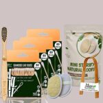 4 Bamboo Cotton ear buds/swabs|80 Stems|1 Kids bamboo tooth brush|1 bamboo tongue cleaner|2 Oval Loofah (PACK OF 8)