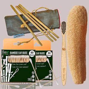2 Bamboo Cotton ear buds/swabs |80 Stems |1 Kids bamboo tooth brush|2 Loufah/loofah Pads4 Bamboo Straw (8 inch) (PACK OF 9)