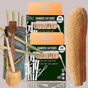 2 Bamboo Cotton Ear Buds 80 Stems|1 Kids Bamboo toothbrush|1 Bamboo Toothbrush Stand|1 Pure Neem Tongue Cleaner|2 Loufah/loofah Pad