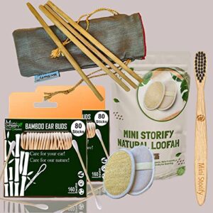 2 Bamboo Cotton ear buds/swabs|80 Stems|1 Kids bamboo tooth brush |2 Oval Loofah Sponge Body scrubber|4 Bamboo Straw (8 inch) (PACK9)