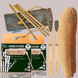 2 Bamboo Cotton ear buds/swabs |80 Stems |2 Kids bamboo tooth brush|2 Loufah/loofah Pads4 Bamboo Straw (8 inch) (PACK OF 10)