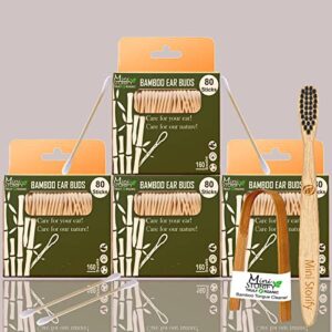 4 Bamboo Cotton ear buds/swabs|80 wood Stems/160 Swabs|1 Kids bamboo tooth brushCharcoal Soft Bristles,Natural,|1 bamboo tongue cleaner