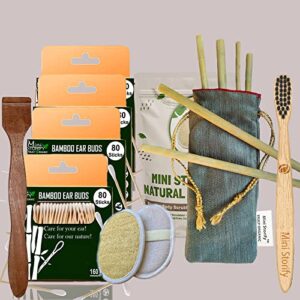 4 Bamboo Cotton ear buds/swabs|80 Stems|1 Kids bamboo tooth brushOral cleaning|1 Neem Tongue Scraper|2 Oval Loofah Pad|6 Bamboo Straw8″)