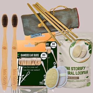 2 Bamboo Cotton Ear Buds 80 Wood Stems/160 Swabs|2 Adult bamboo toothbrush|2 Oval Loofah Sponge Body scrubber|4 Bamboo Straw(8 inch)