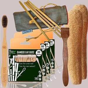 4 Bamboo Cotton Ear Buds 80 Stems/160 Swabs|1 Adult bamboo toothbrush|1 Pure Neem Tongue Cleaner|2 Loufah/loofah Pad|4 Bamboo Straw8″)
