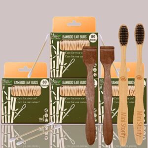 4 Bamboo Cotton ear buds/swabs|80 wood Stems/160 Swabs|2 Adult bamboo tooth brush|2 Neem Tongue Scraper (PACK8)