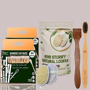 2 Bamboo Cotton Ear Buds 80 Wood Stems/160 Swabs|1 Adult bamboo toothbrush |1 Pure Neem Tongue Cleaner for Adult & kid|2 Oval Loofah,