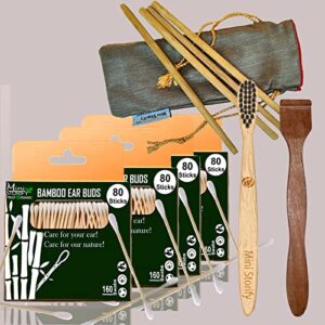 4 Bamboo Cotton Ear Buds/swabs|80 Stems|1 Kids Bamboo Tooth BrushOral Cleaning|1 Neem Tongue Scraper for Adults & Kids|4 Bamboo Straw8″)