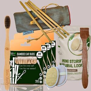 4 Bamboo Cotton Ear Buds 80 Stems/160 Swabs|1 Adult bamboo toothbrush|1 Pure Neem Tongue Cleaner|2 Oval Loofah|4 Bamboo Straw8″)