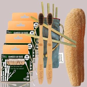 4 Bamboo Cotton ear buds/swabs|80 Stems|2 Adult bamboo tooth brushCharcoal Soft Bristles,Natural,Oral cleaning|2 Loofah Pad|6 Straw8″)