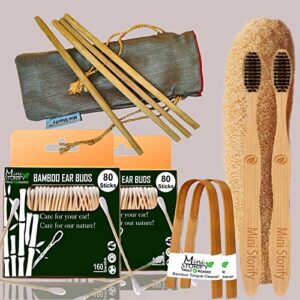 2 Bamboo Cotton ear buds/swabs|80 Stems|2 Adult bamboo tooth brush|2 bamboo tongue cleaner|2 Loufah/loofah PadsBody scrubber|4 Straw8 inch)