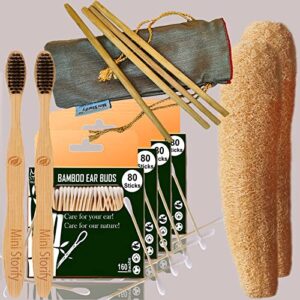 4 Bamboo Cotton ear buds/swabs|80 Stems|2 Adult bamboo tooth brush|2 Loufah/loofah Pads, Sponge Body scrubber|4 Bamboo Straw8″)