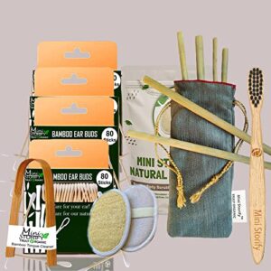 4 Bamboo Cotton ear buds/swabs|80 Stems|1 Kids bamboo tooth brushSoft Bristles,|1 bamboo tongue cleaner2 Oval Loofah Pad|6 Straw8″)