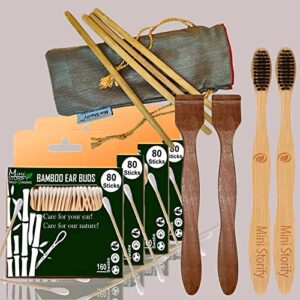 4 Bamboo Cotton Ear Buds/swabs|80 Stems|2 Adult Bamboo Tooth BrushOral Cleaning|2 Neem Tongue Scraper for Adults & Kids|4 Bamboo Straw(8″)