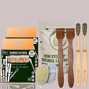 2 Bamboo Cotton Ear Buds 80 Wood Stems/160 Swabs|2 Kids bamboo toothbrush |2 Pure Neem Tongue Cleaner|2 Oval Loofah/Loufah Pad,
