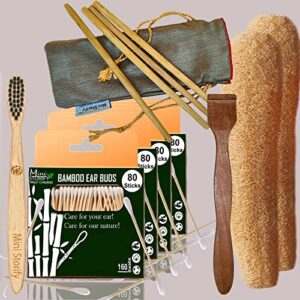 4 Bamboo Cotton Ear Buds 80 Stems/160 Swabs|1 Kids bamboo toothbrush|1 Pure Neem Tongue Cleaner|2 Loufah/loofah Pad|4 Bamboo Straw8″)