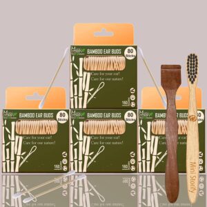 4 Bamboo Cotton ear buds/swabs|80 wood Stems/160 Swabs|1 Kids bamboo tooth brush|1 Neem Tongue Scraper (PACK6)