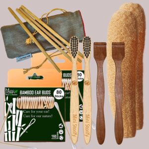 2 Bamboo Cotton Ear Buds 80 Stems/160 Swabs|2 Kids bamboo toothbrush|2 Pure Neem Tongue Cleaner|2 Loufah/loofah Pad|4 Bamboo Straw8″)