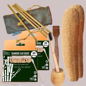 2 Bamboo Cotton Ear Buds 80 Stems|1 Kids bamboo toothbrush|1 Bamboo toothbrush stand|1 Pure Neem Tongue Cleaner|2 Loufah/loofah Pad