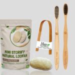Kids, Adults Bamboo Toothbrush, Tongue Cleaner and Oval Loofah Body Scrubber Combo