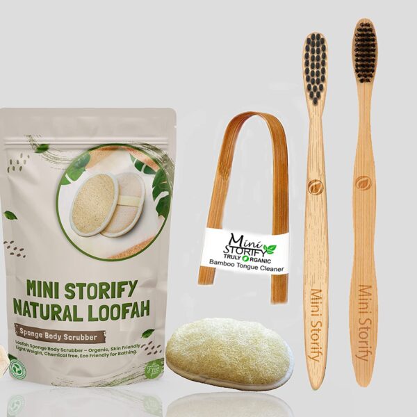 Kids, Adults Bamboo Toothbrush, Tongue Cleaner and Oval Loofah Body Scrubber Combo