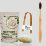 Adults Bamboo Toothbrush, Tongue Cleaner and Oval Loofah Body Scrubber Combo Pack Soft Bristles, Bathing (Set of 3)