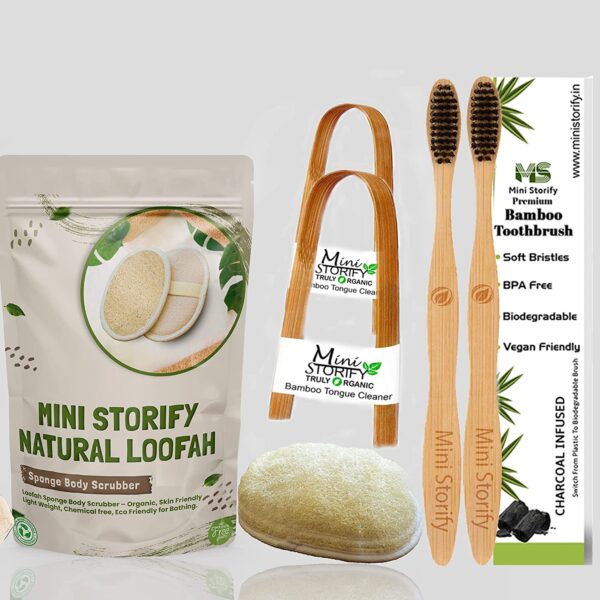 2 Adults Bamboo Toothbrush, 2 Tongue Cleaner and 2 Oval Loofah Body Scrubber Combo Pack, Bathing (Set of 6)